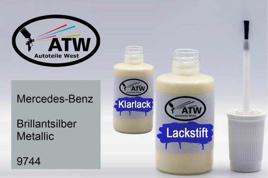 Mercedes-Benz, Brillantsilber Metallic, 9744: 20ml Lackstift + 20ml Klarlack - Set, von ATW Autoteile West.